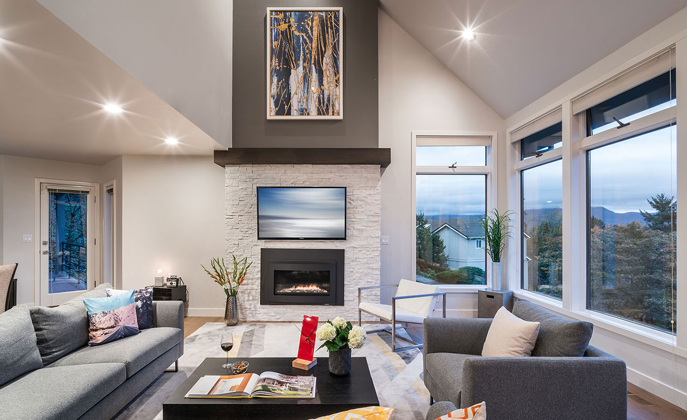 White Fireplace Stone used as a centerpiece on an interior fireplace wall in Eugene