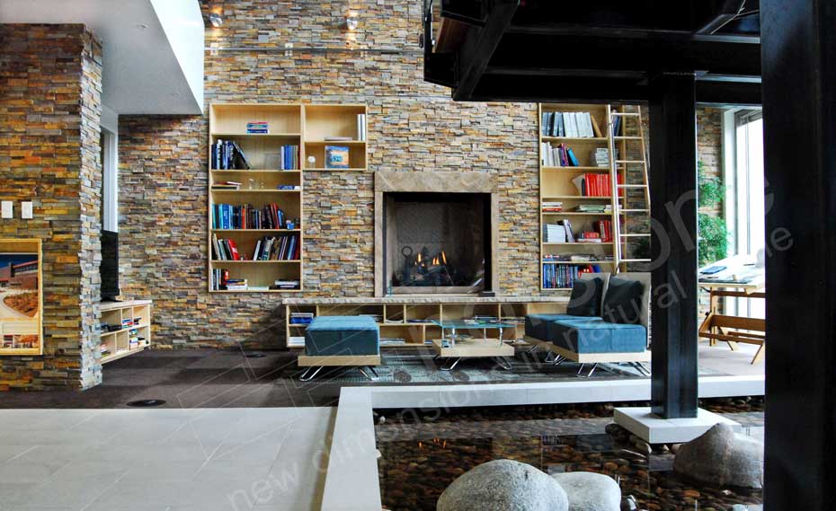 Interior Stone Veneer Panels used on walls in a Commercial Lobby Office Building